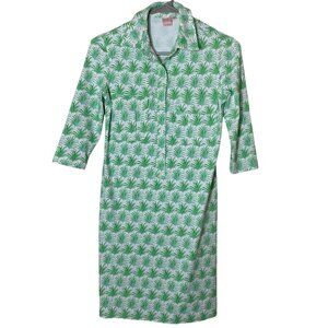 Persifor XS Palm Print Shirt Dress Green White 3/4 Sleeve Made in USA Stretch
